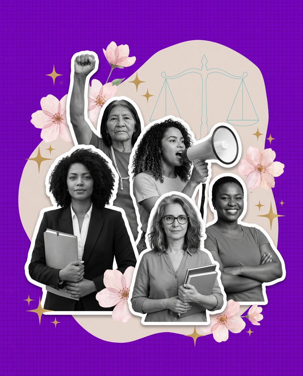 Colagem com mulheres da rede de proteção: advogadas, defensoras, delegadas, psicólogas e estudantes